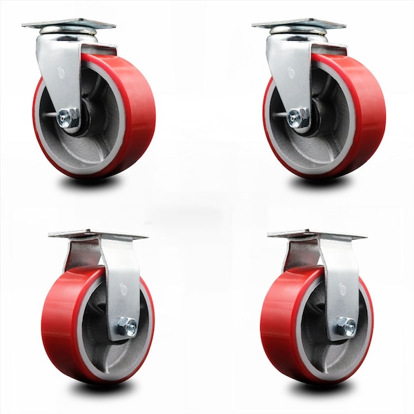 5 Inch Red Poly on Cast Iron Caster Set with Ball Bearings 2 Swivel 2 Rigid